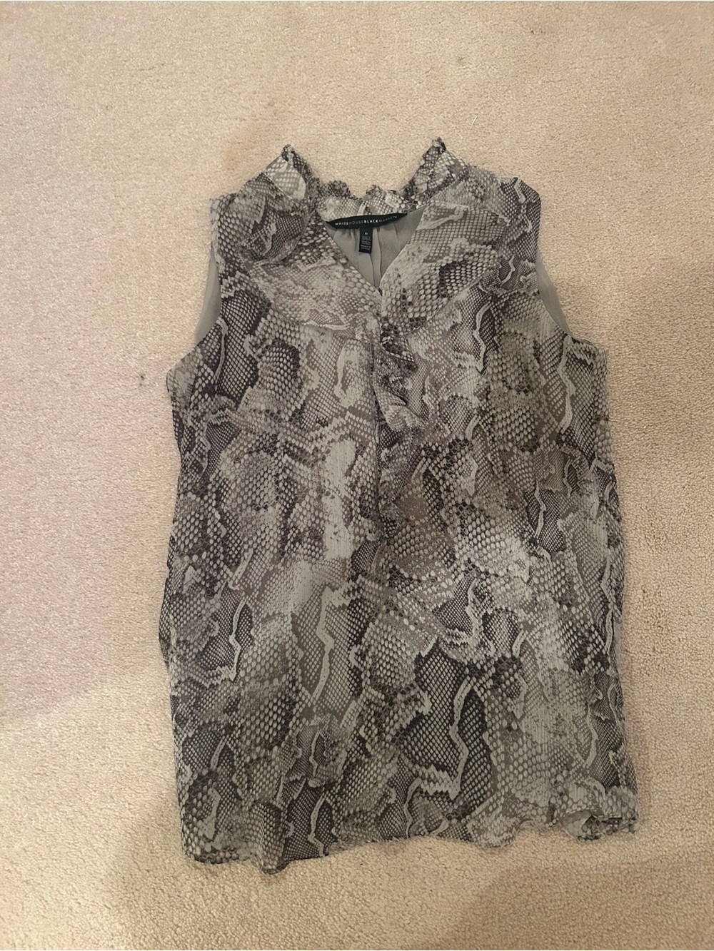 White House Black Market Gray Snake-Print Ruffled V-Neck Sleeveless Top